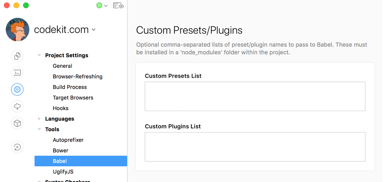 a screenshot of the custom plugins and presets text fields in the codekit window