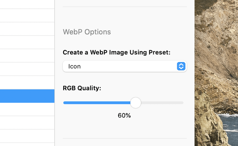 a screenshot of the options to convert a JPEG to WebP in CodeKit.